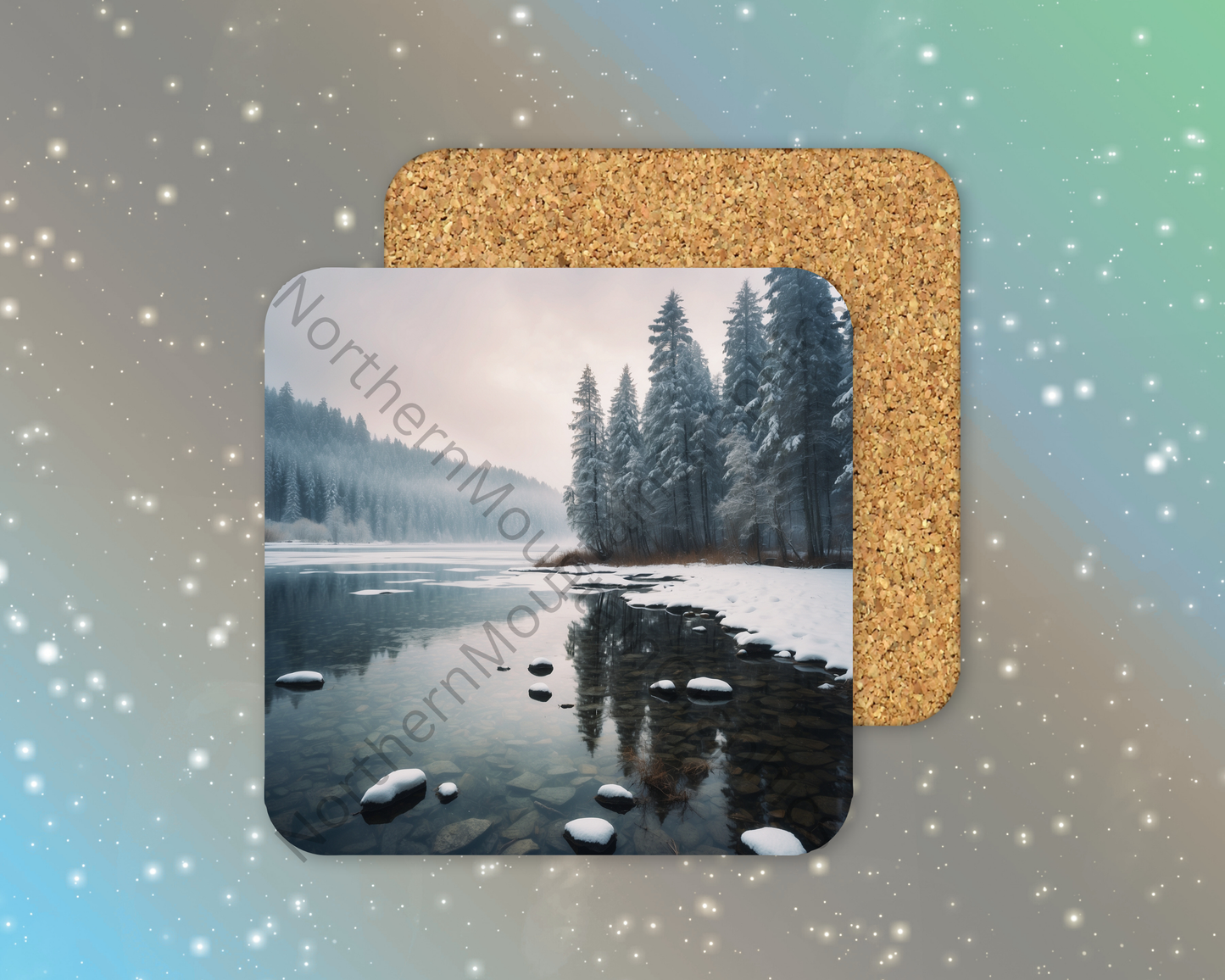 Snowy Forest Lake Reflection Winter Square Coaster