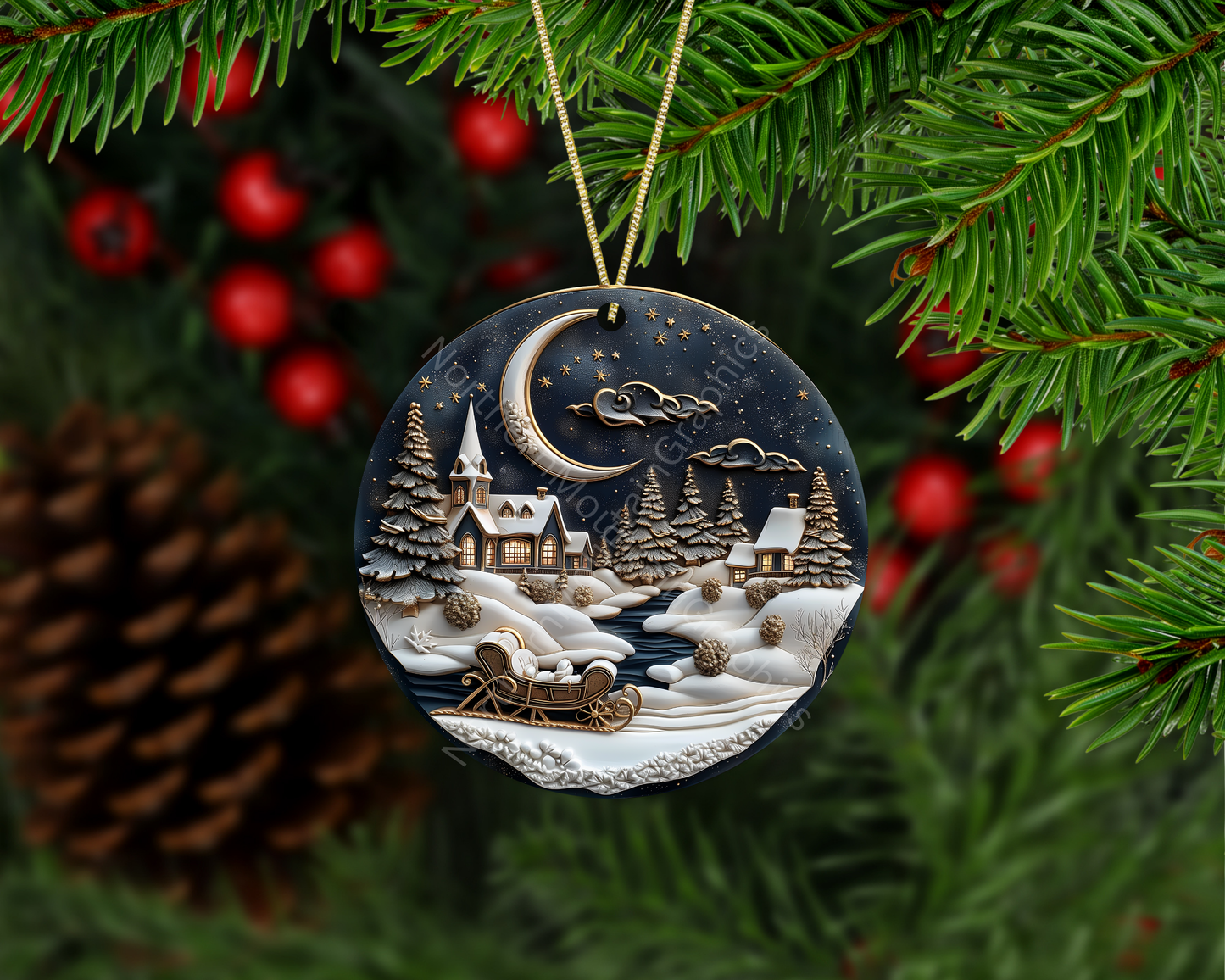 Moonlit Winter Village Christmas Ornament