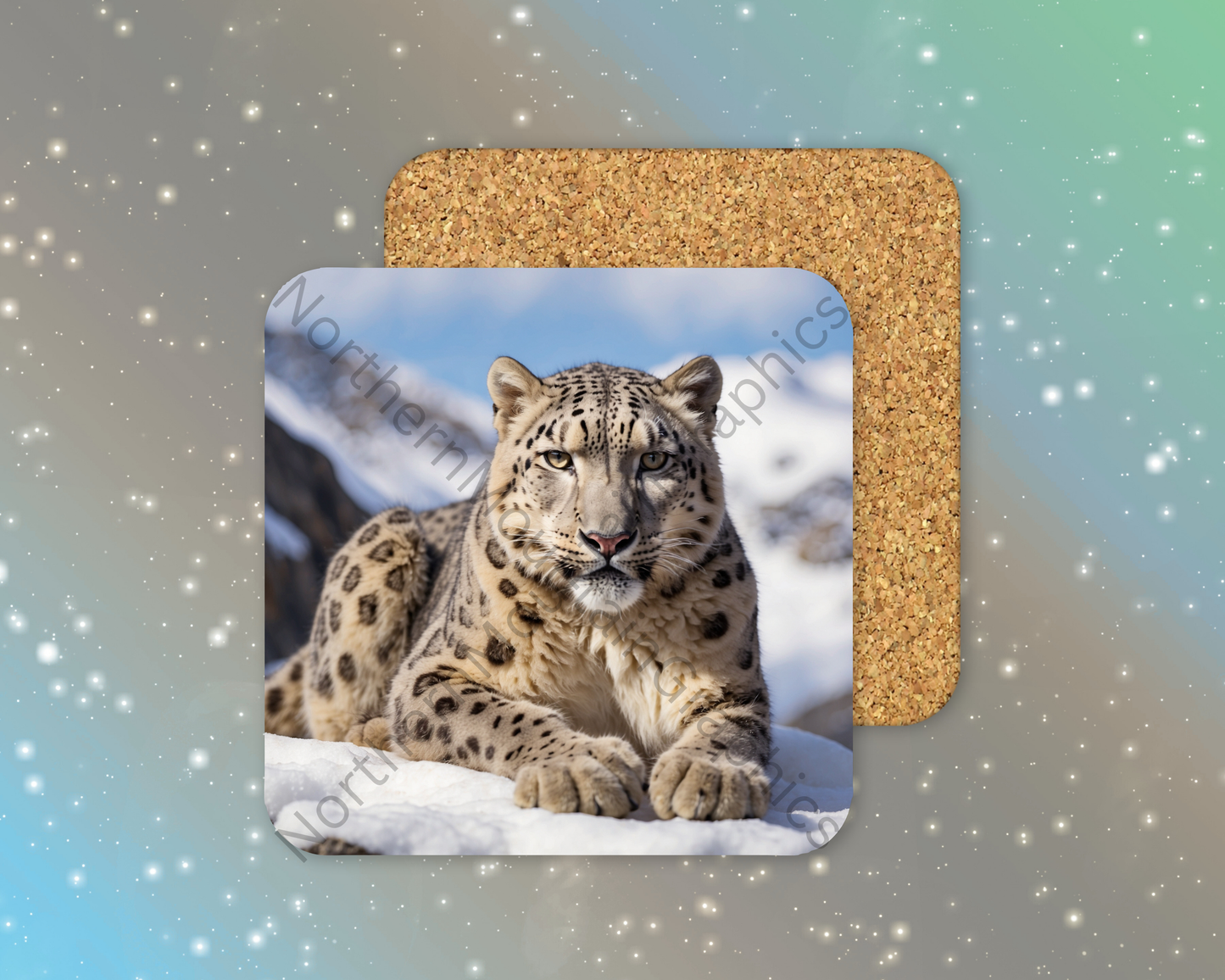 Snow Leopard on Mountains Winter Square Coaster