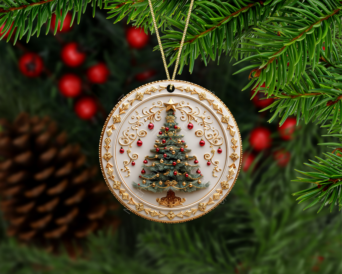 Ornate Gold and Red Holiday Tree Christmas Ornament