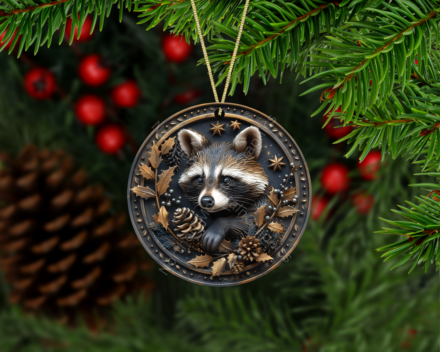 Golden Woodland Raccoon Christmas Ornament