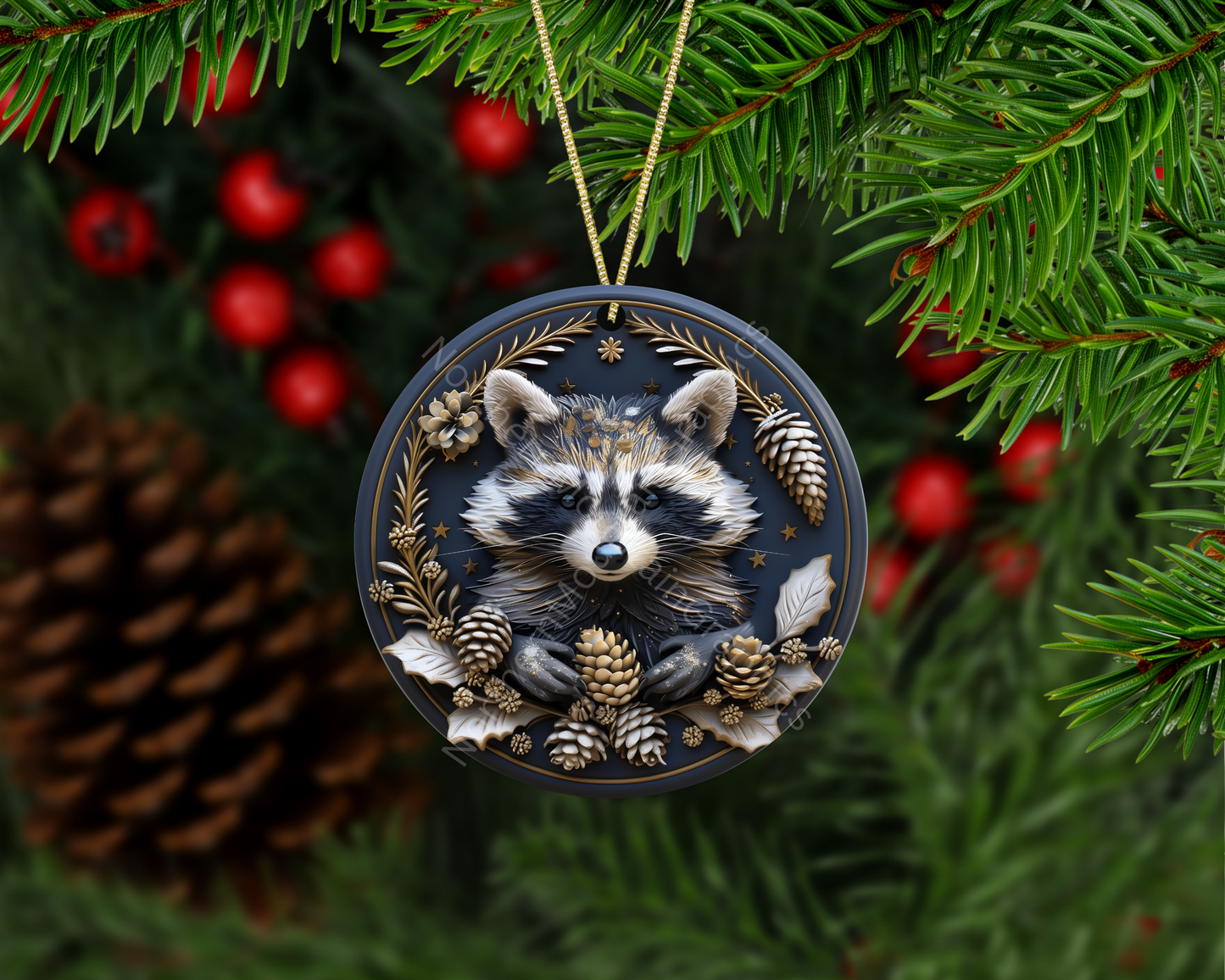 Midnight Forest Raccoon Christmas Ornament