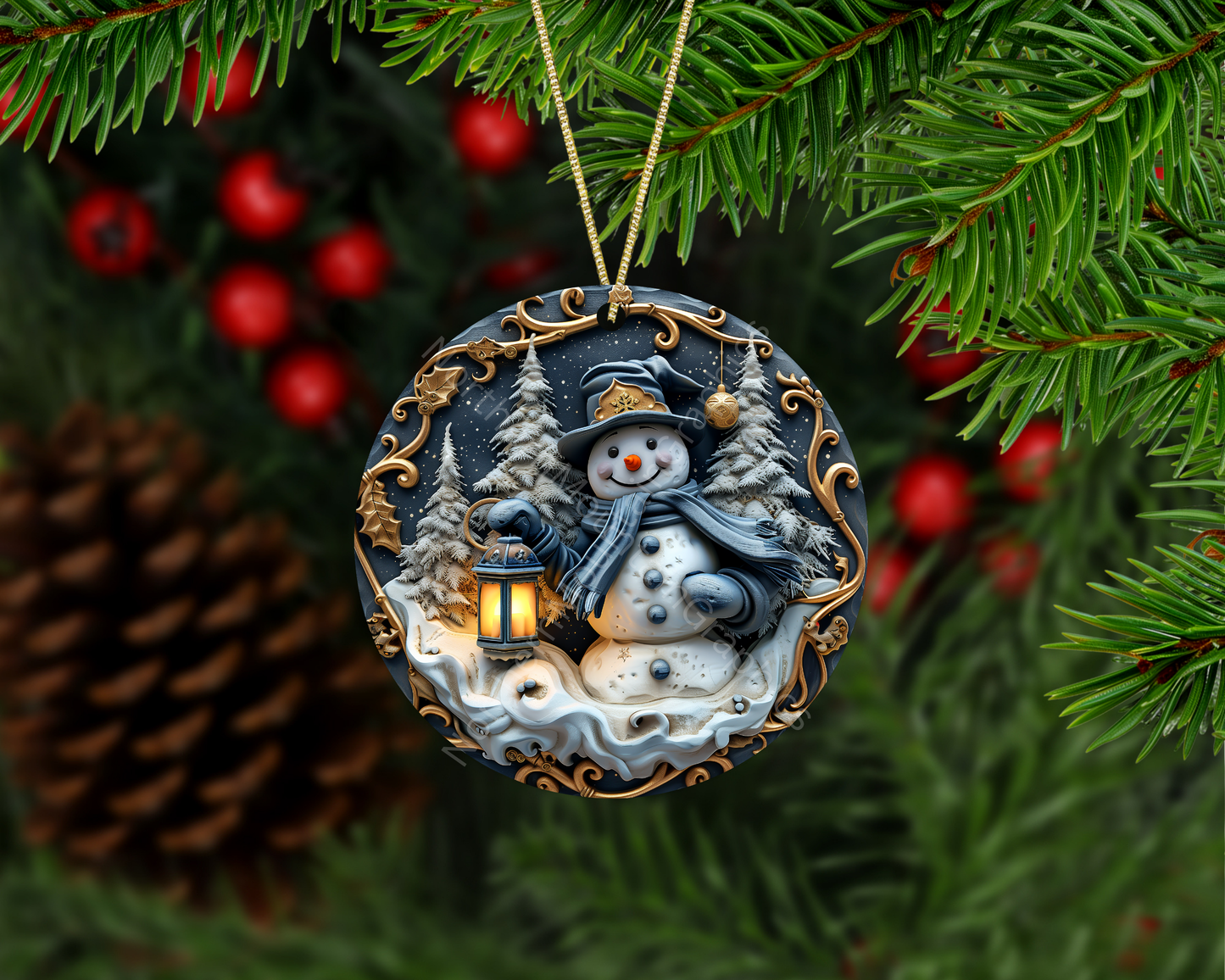 Golden Lantern Snowman Christmas Ornament