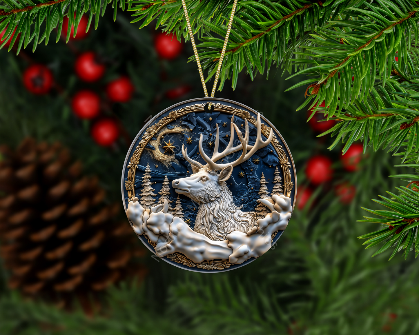 Majestic Winter Reindeer with Starry Night Christmas Ornament