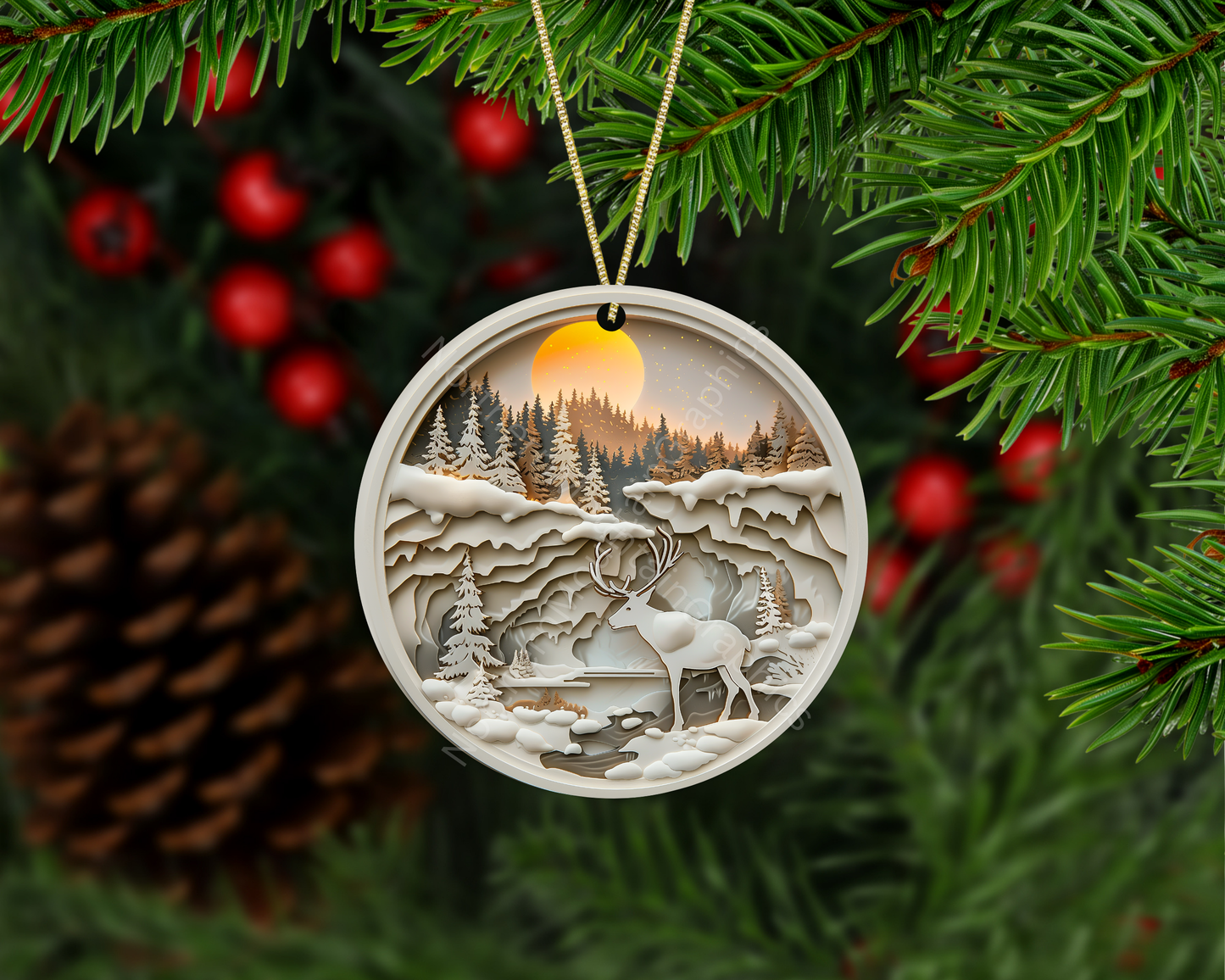 Winter Stag in Moonlit Canyon Christmas Ornament