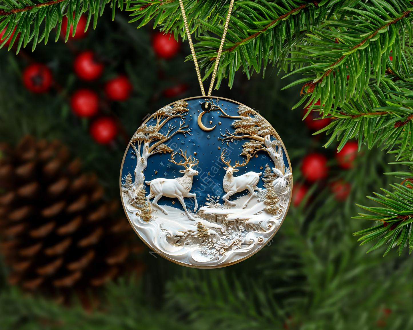 Moonlit Winter Reindeer Duo Christmas Ornament