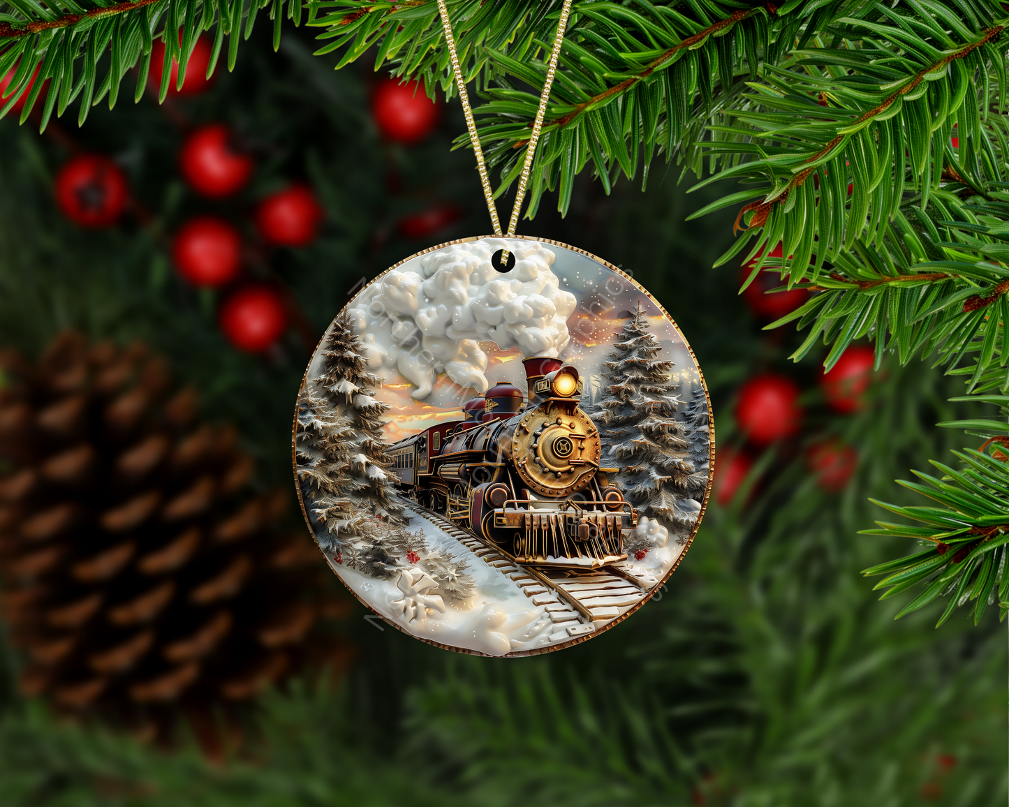 Golden Sunset Christmas Train Christmas Ornament