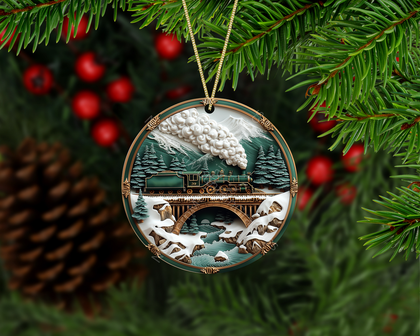Winter Bridge Steam Train Christmas Ornament