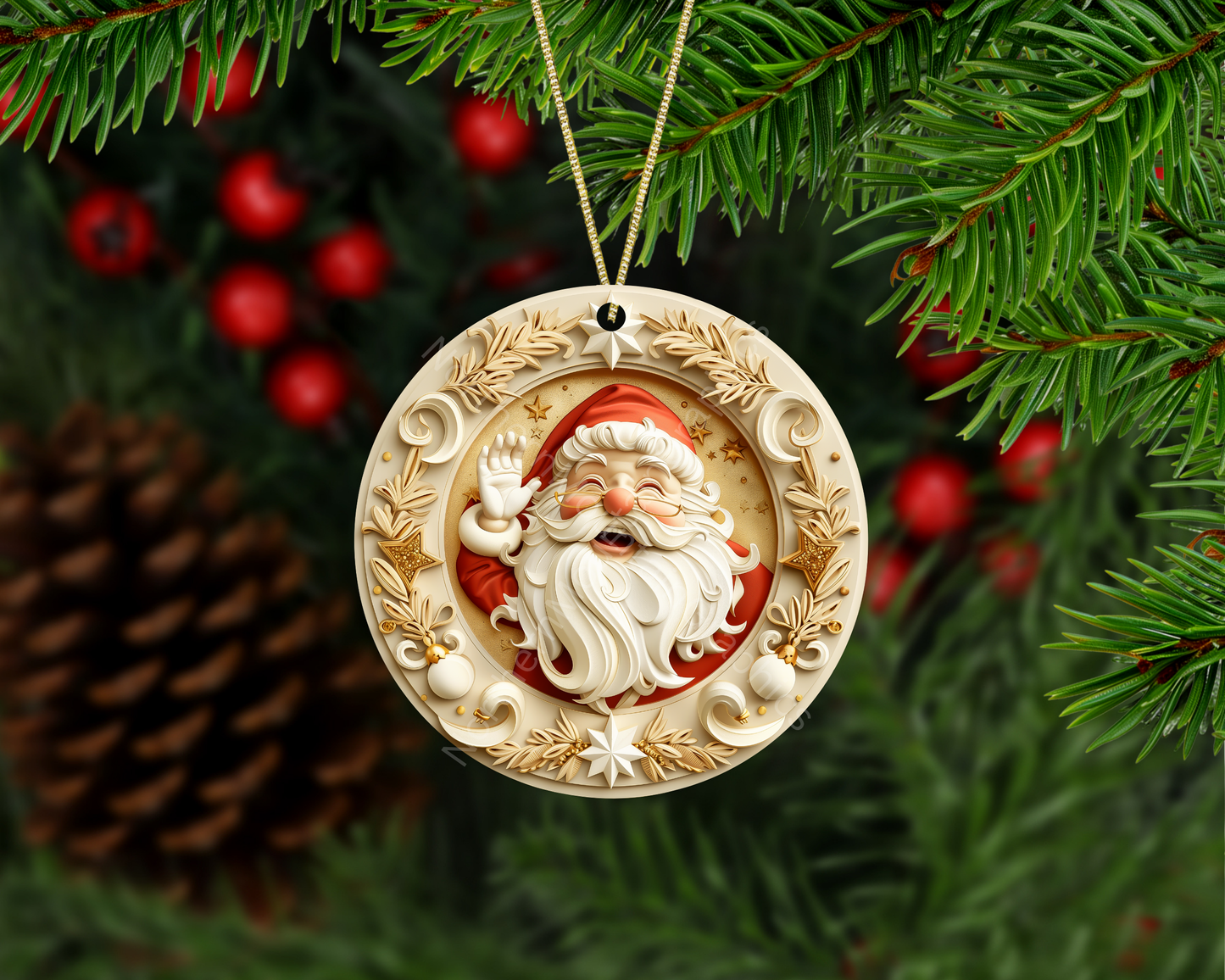 Golden Laurel Santa Christmas Ornament