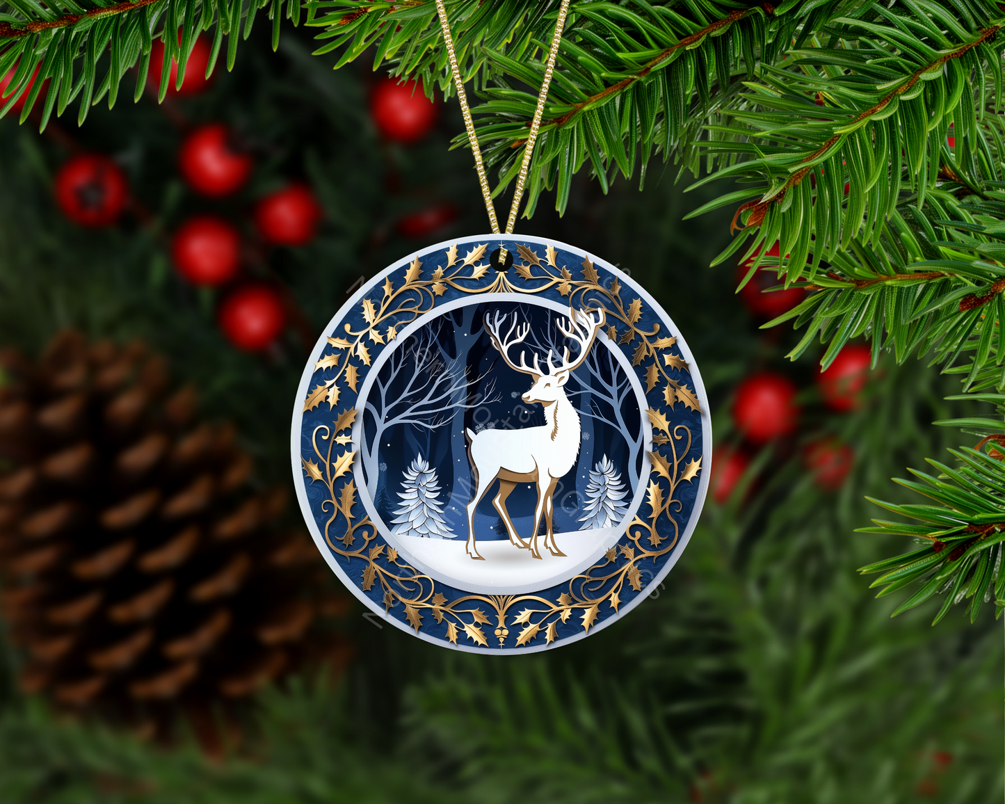 Enchanted Winter Reindeer with Golden Holly Border Christmas Ornament