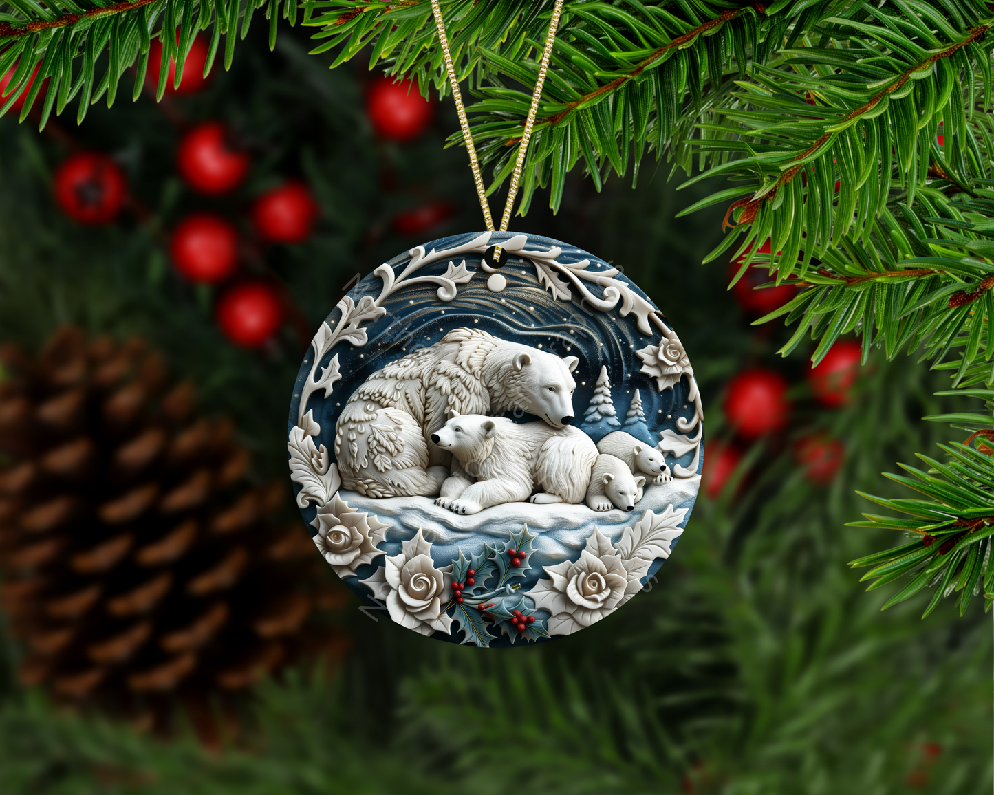 Polar Bear Family in Winter Forest Christmas Ornament