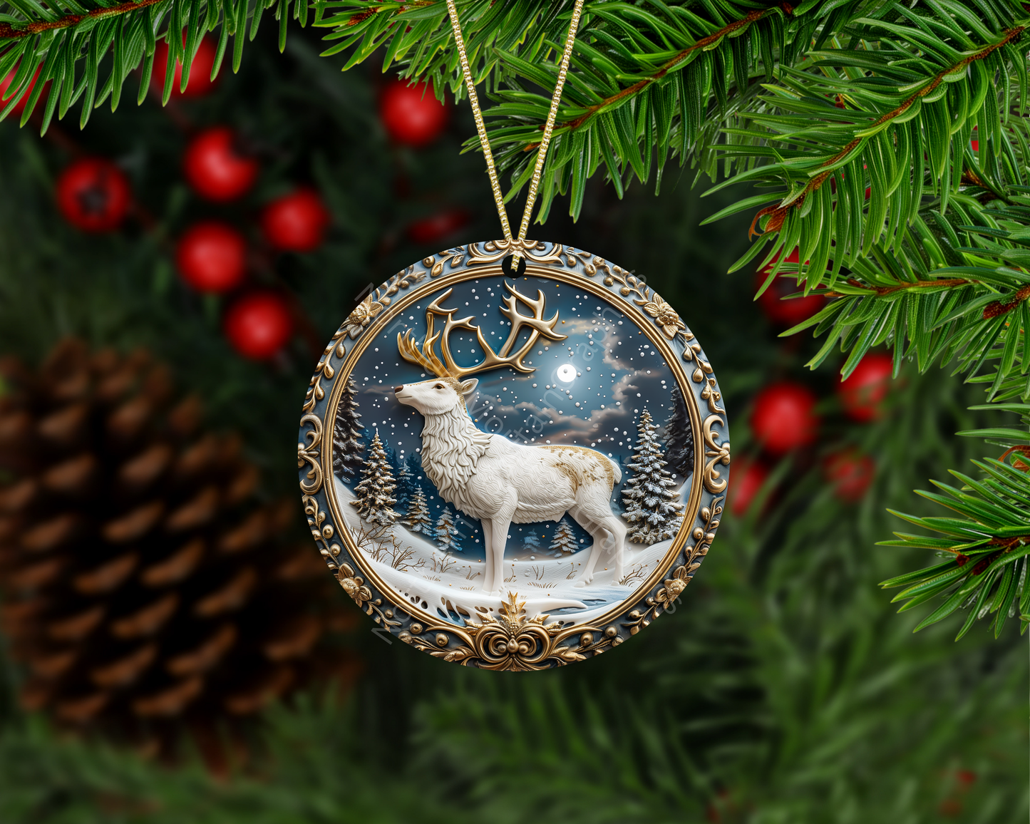 Snowy Moonlit Deer Christmas Ornament
