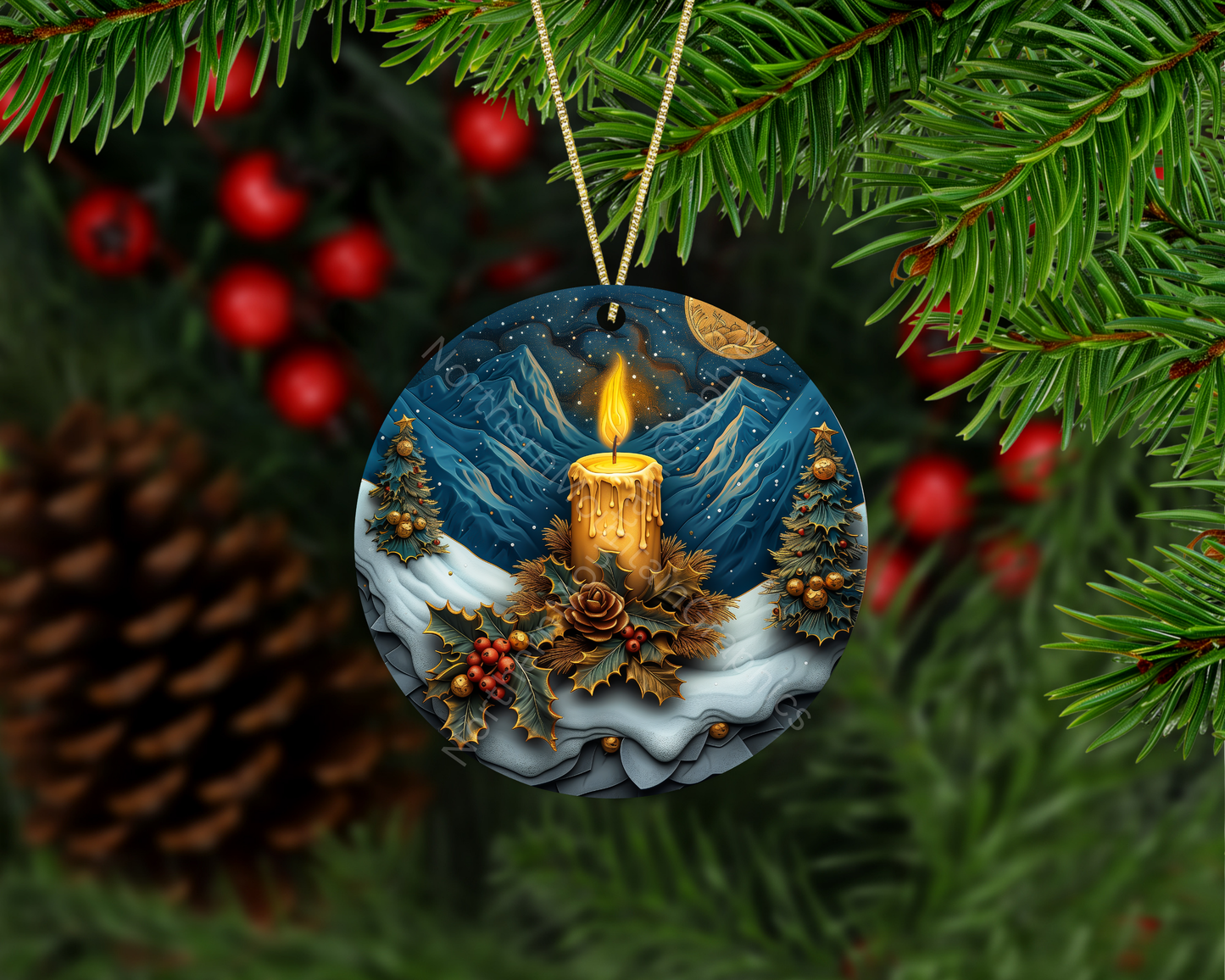 Golden Candle in Snowy Mountains Christmas Ornament