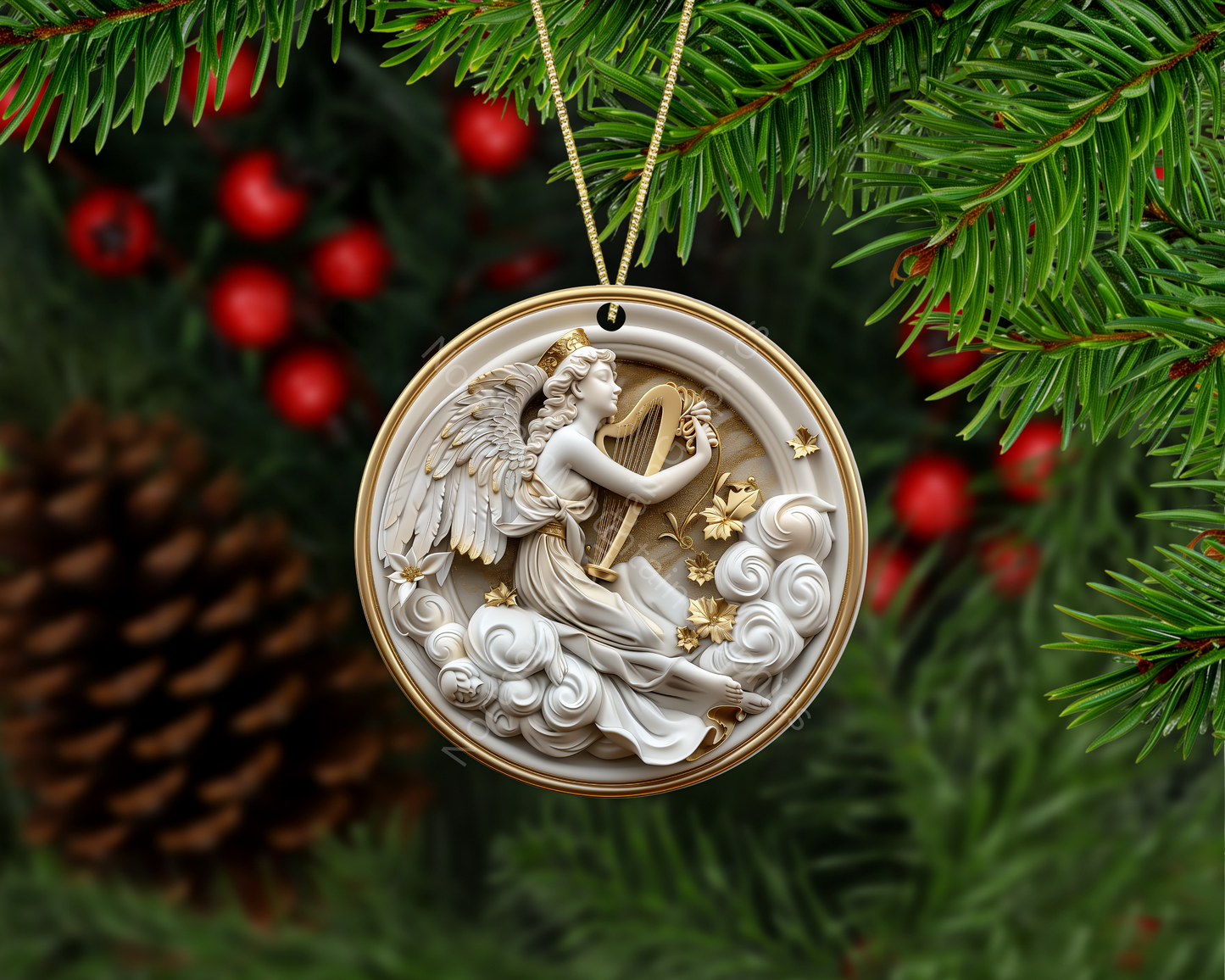 Angel With Golden Harp Christmas Ornament
