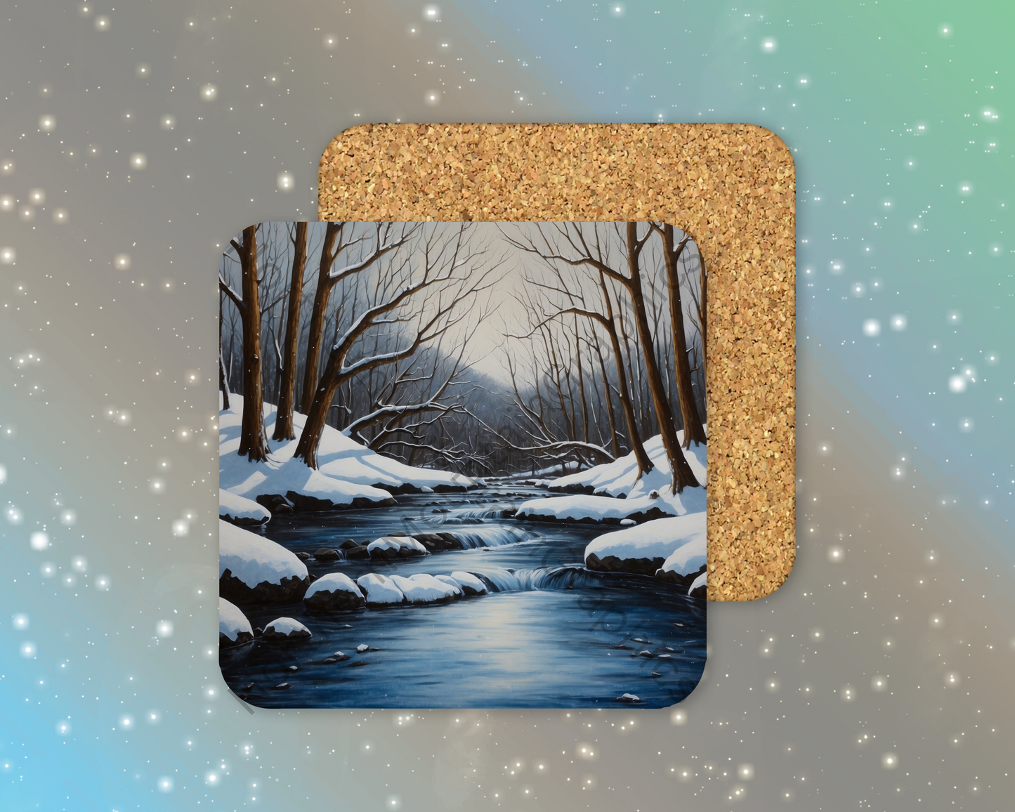 Frozen Woodland River Winter Square Coaster