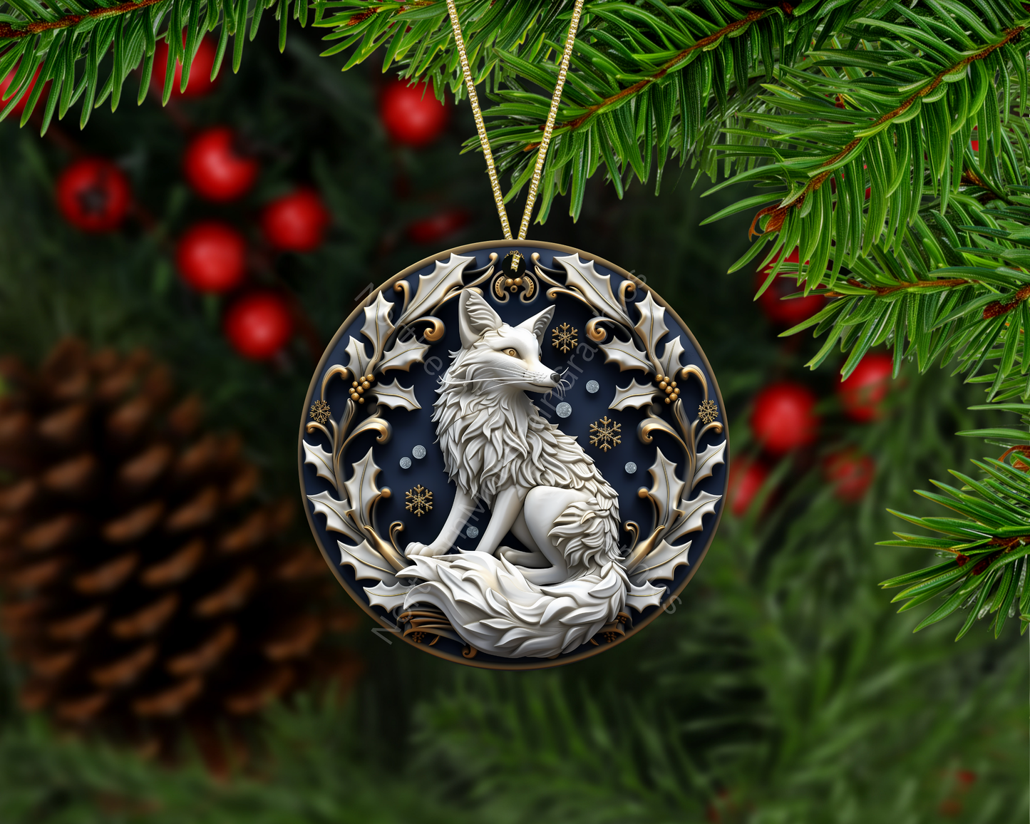 White Arctic Fox Wreath Christmas Ornament