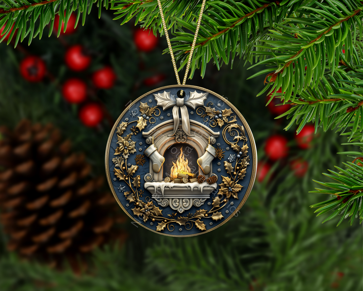 Cozy Fireplace & Stockings Christmas Ornament
