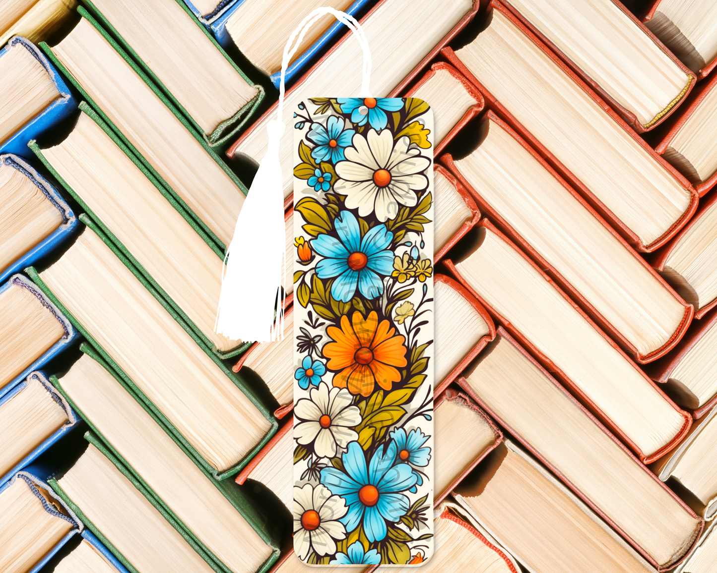 Retro Blue & Orange Wildflower Stripe Bookmark