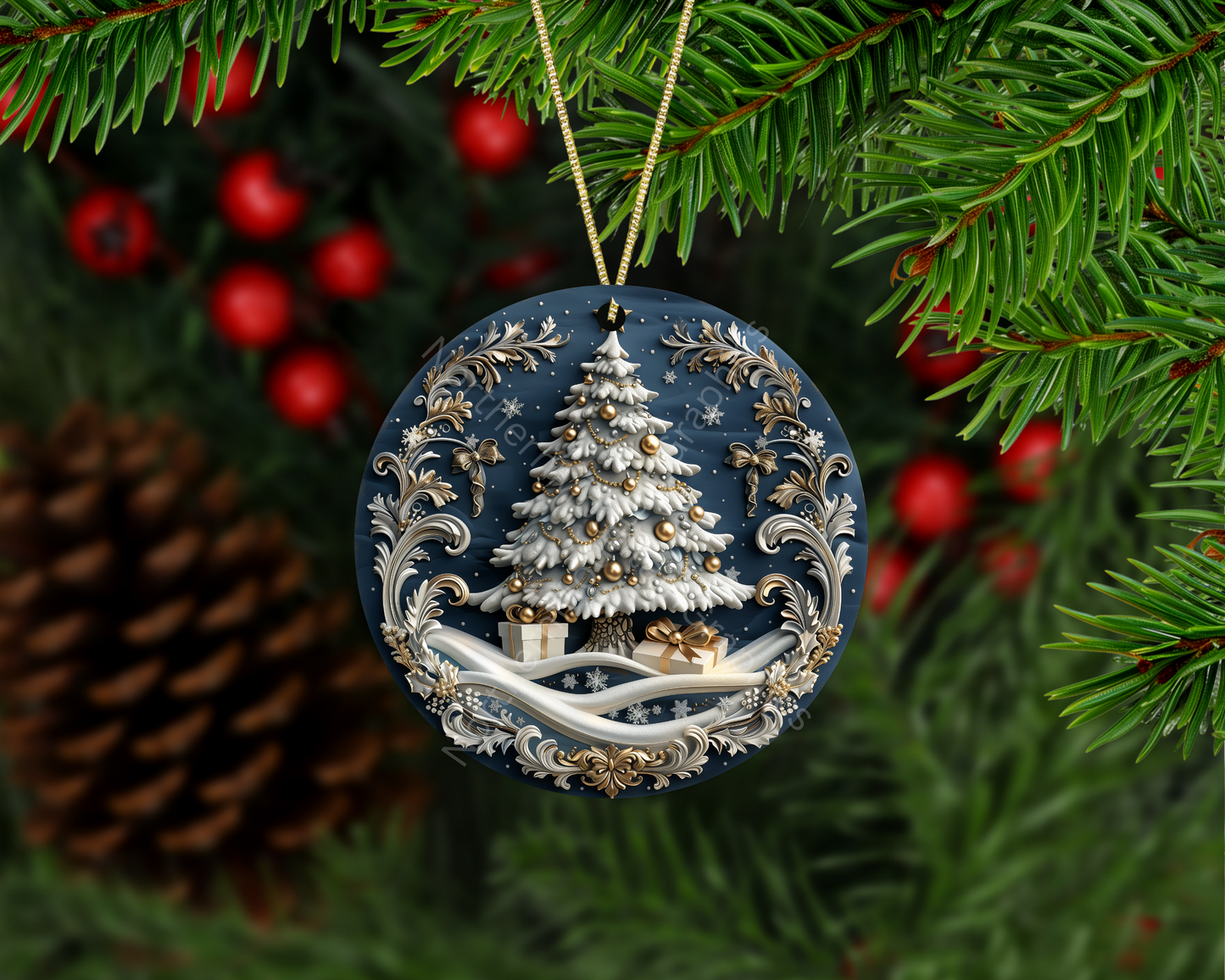 Snowy Christmas Tree With Gifts Christmas Ornament