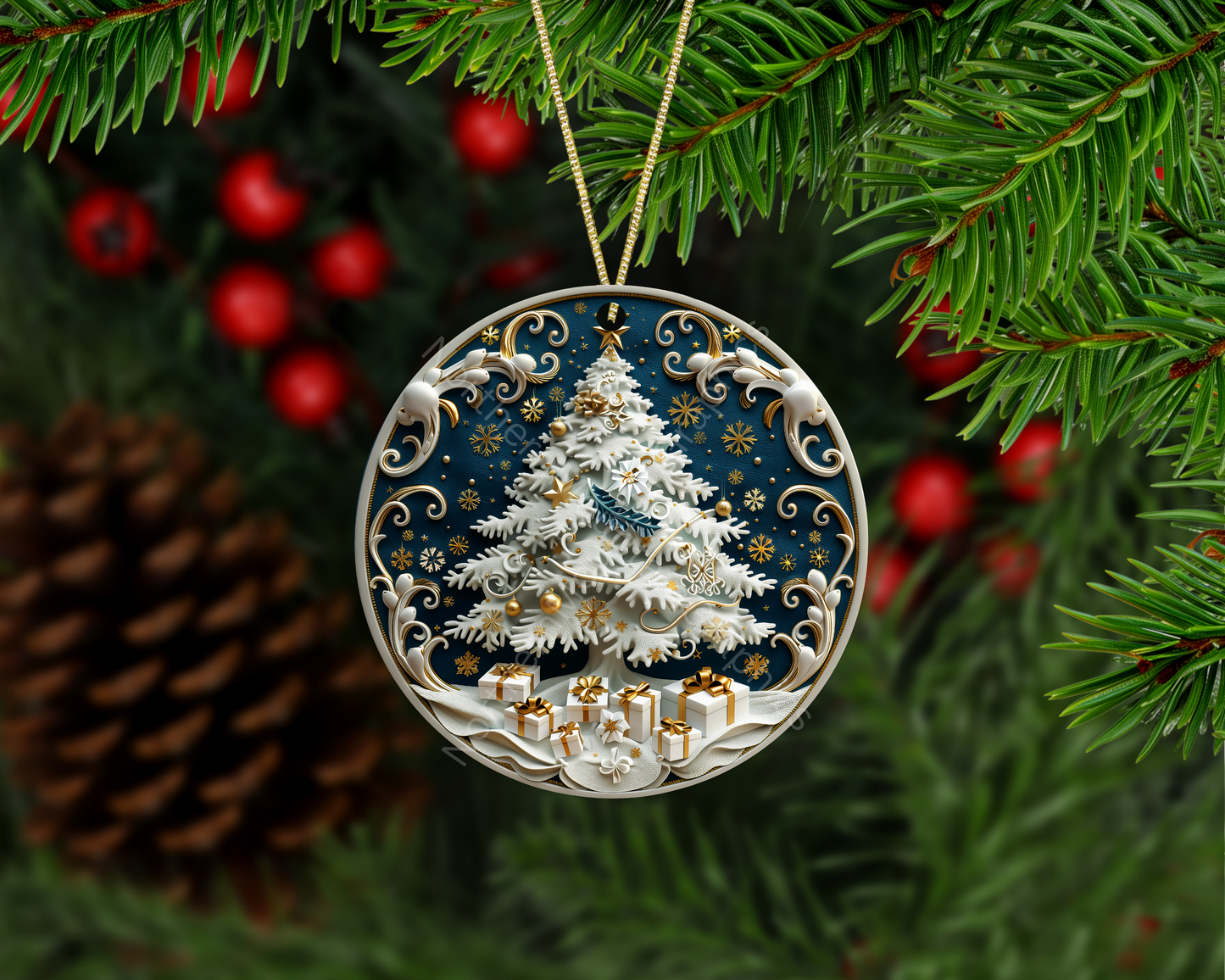 White Christmas Tree & Golden Gifts Christmas Ornament