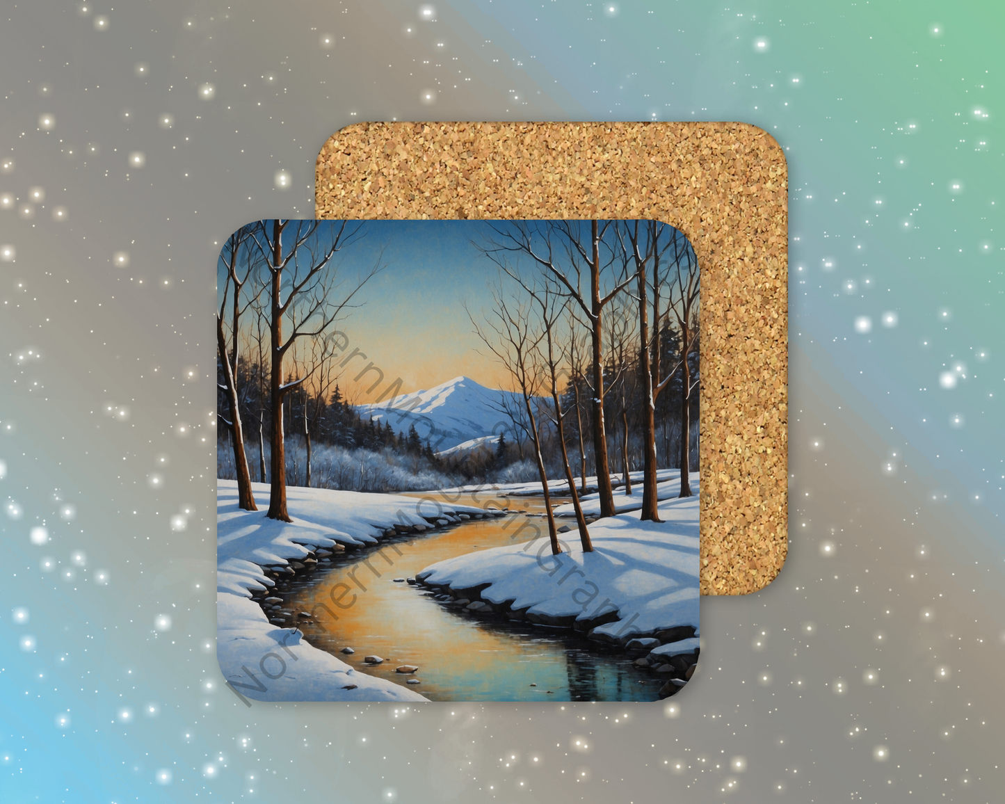 Golden Sunrise Mountain Stream Winter Square Coaster