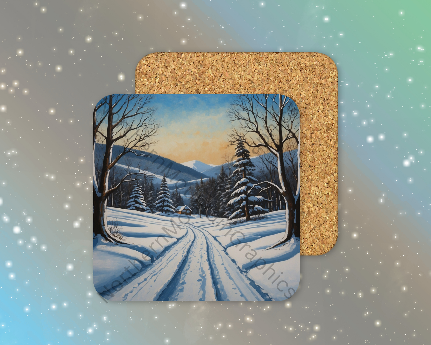 Cozy Cabin Winter Road Winter Square Coaster