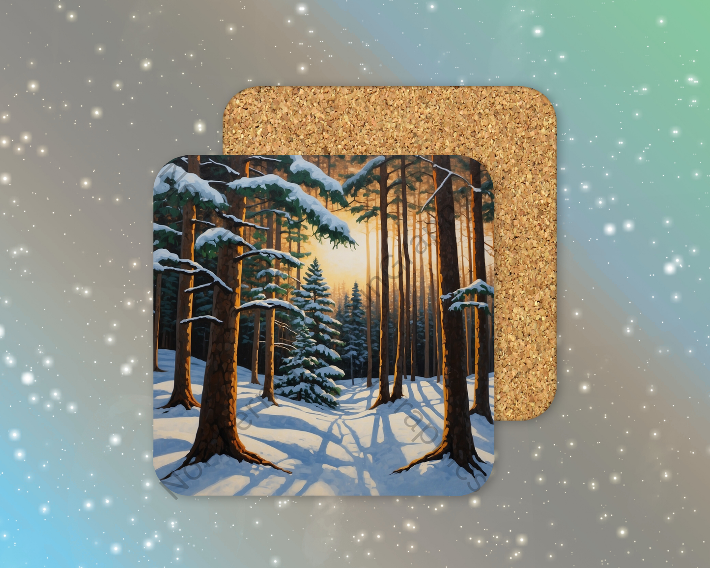 Golden Sunrise Forest Winter Square Coaster