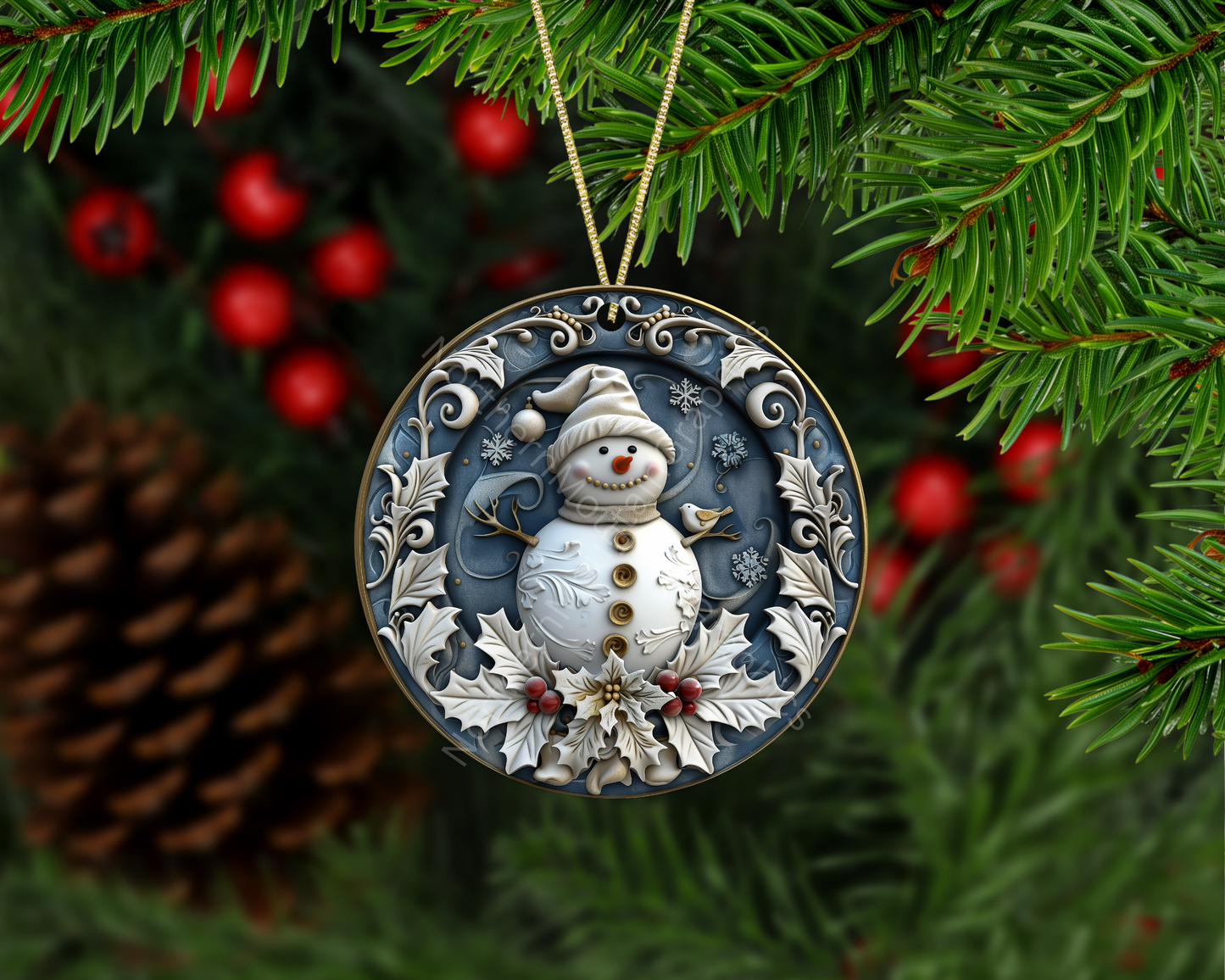 Smiling Snowman & Winter Holly Christmas Ornament