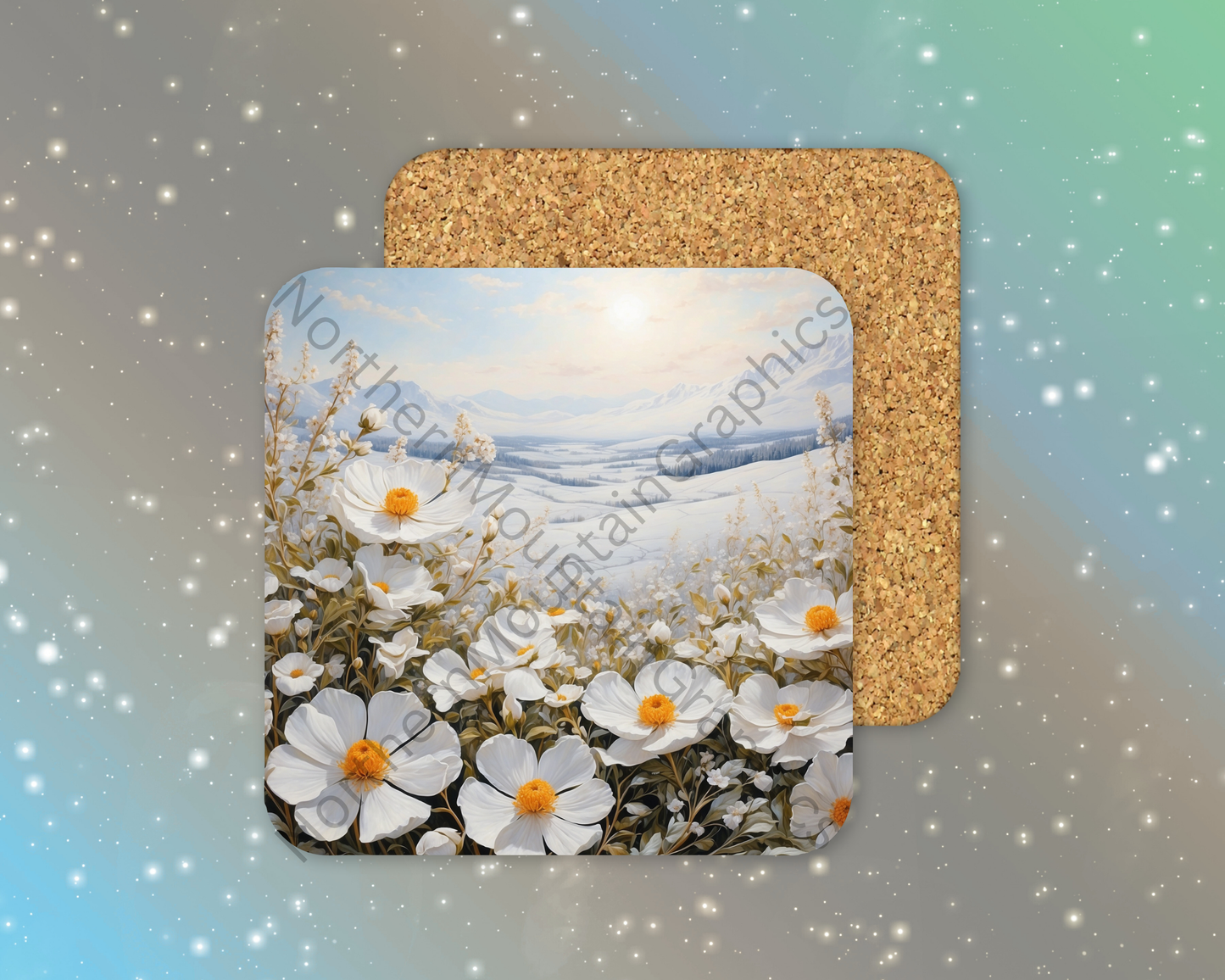 Snowy Floral Meadow Winter Square Coaster