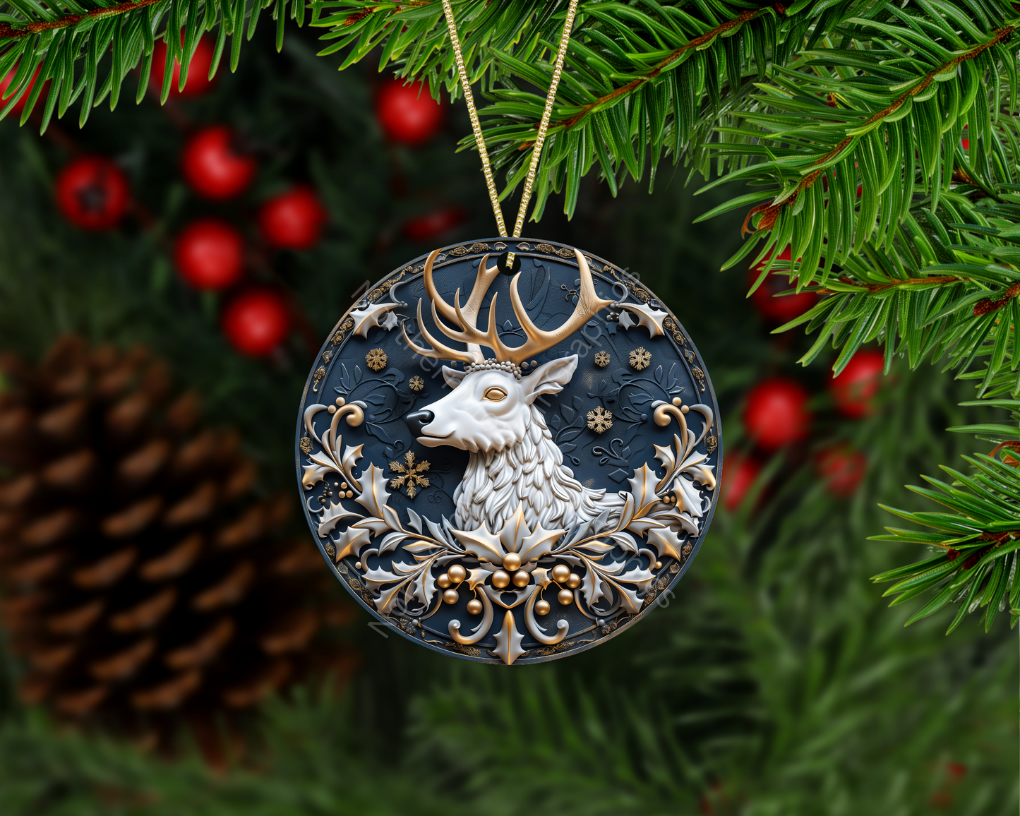 White Deer & Holly Wreath Christmas Ornament