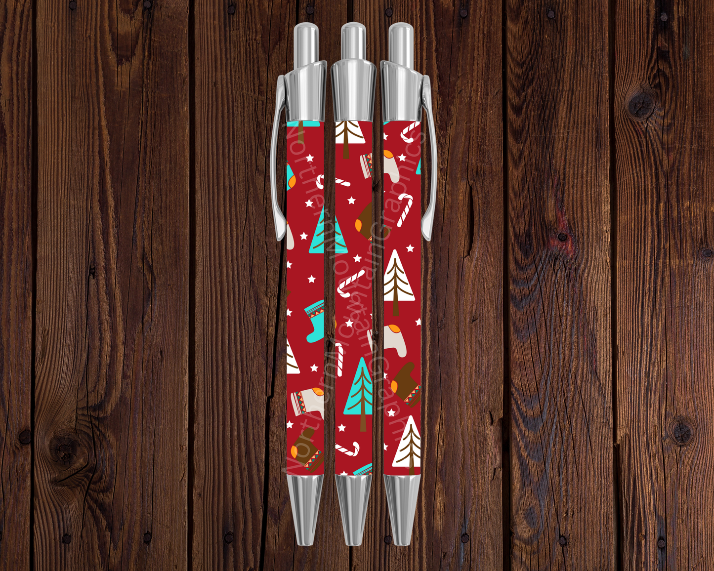 Mittens, Trees & Candy Canes on Red Christmas Pen