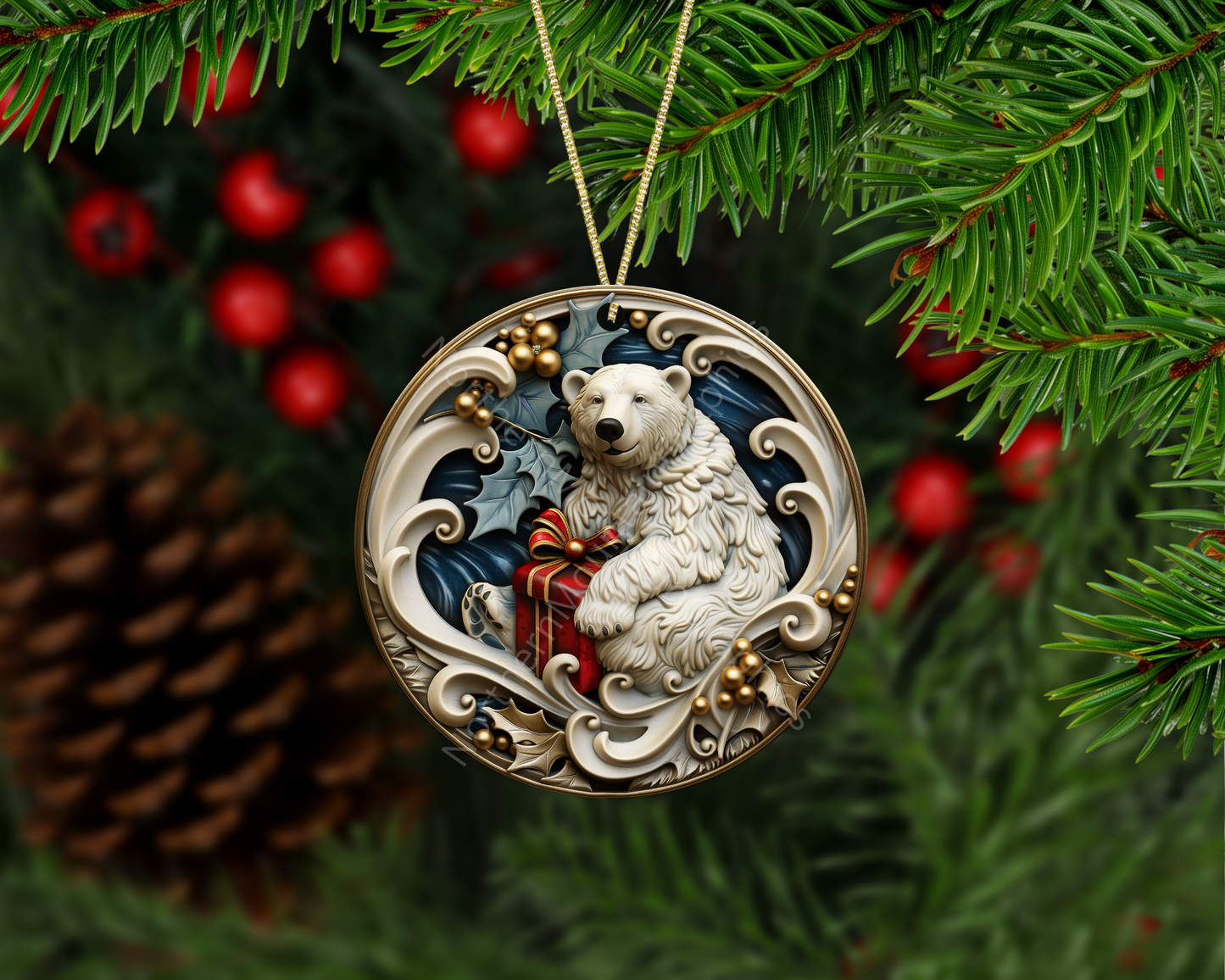 Polar Bear with Christmas Gift Christmas Ornament