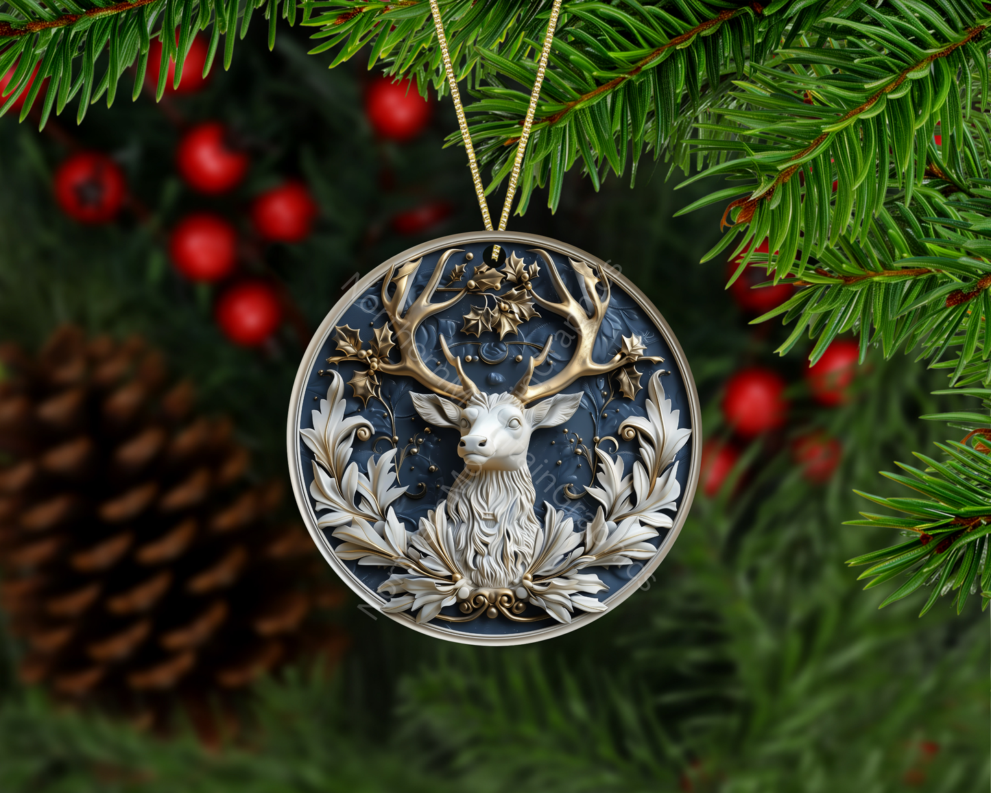 Golden-Antler Reindeer Crest Christmas Ornament