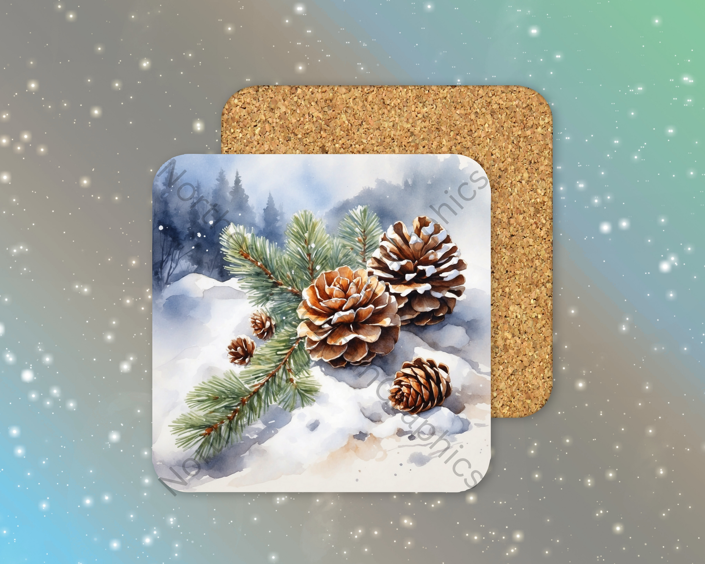 Pinecones on Snowy Evergreen Branch Winter Square Coaster