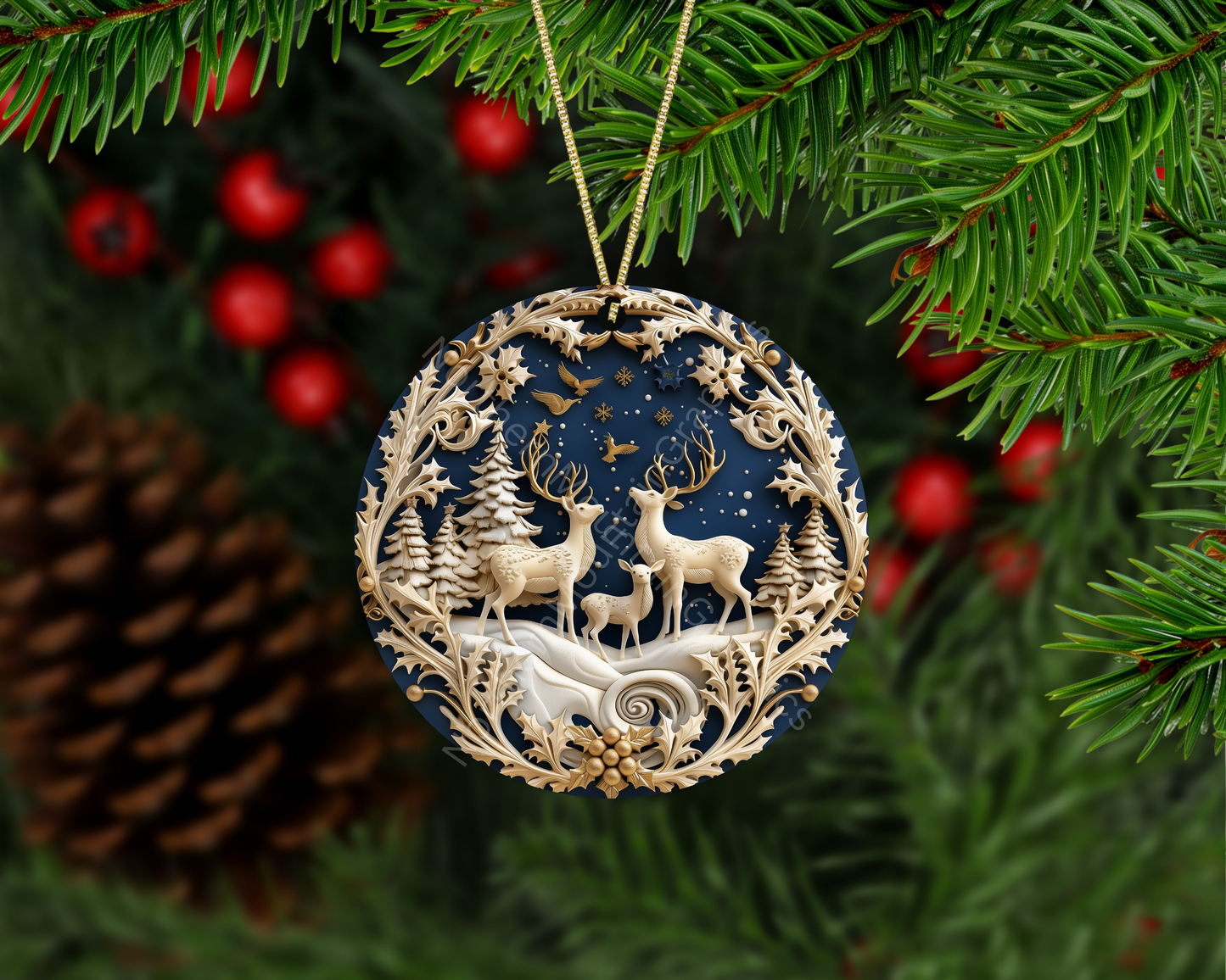 Peaceful Reindeer Family in Snow Christmas Ornament