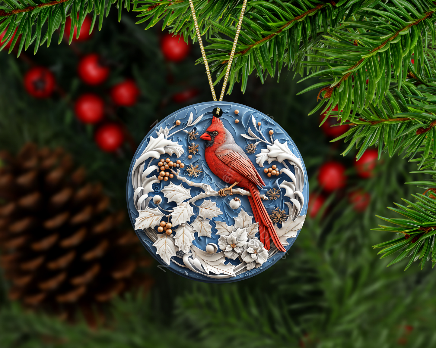 Crimson Cardinal in Winter Garden Christmas Ornament