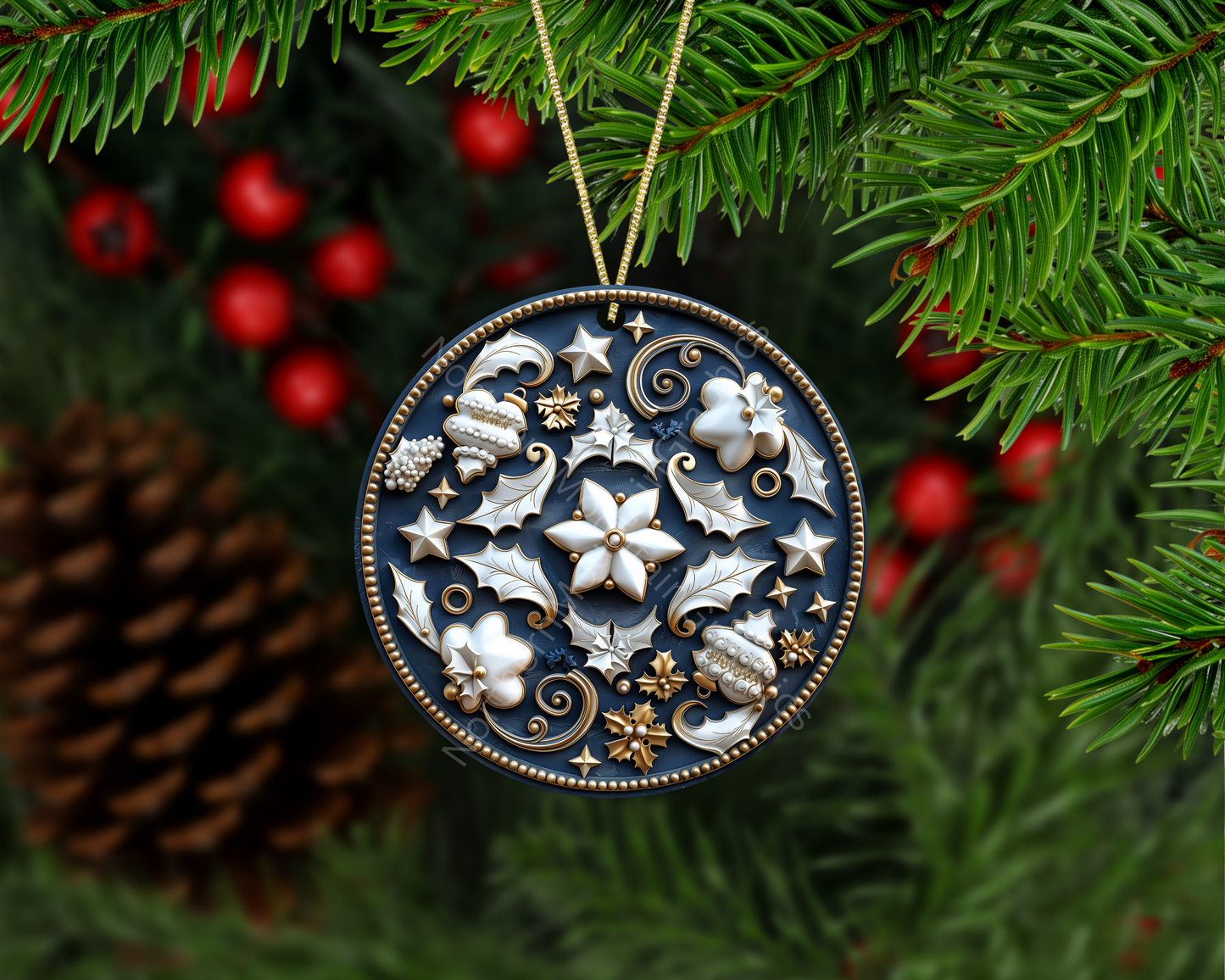 Holiday Stars & Holly Pattern Christmas Ornament