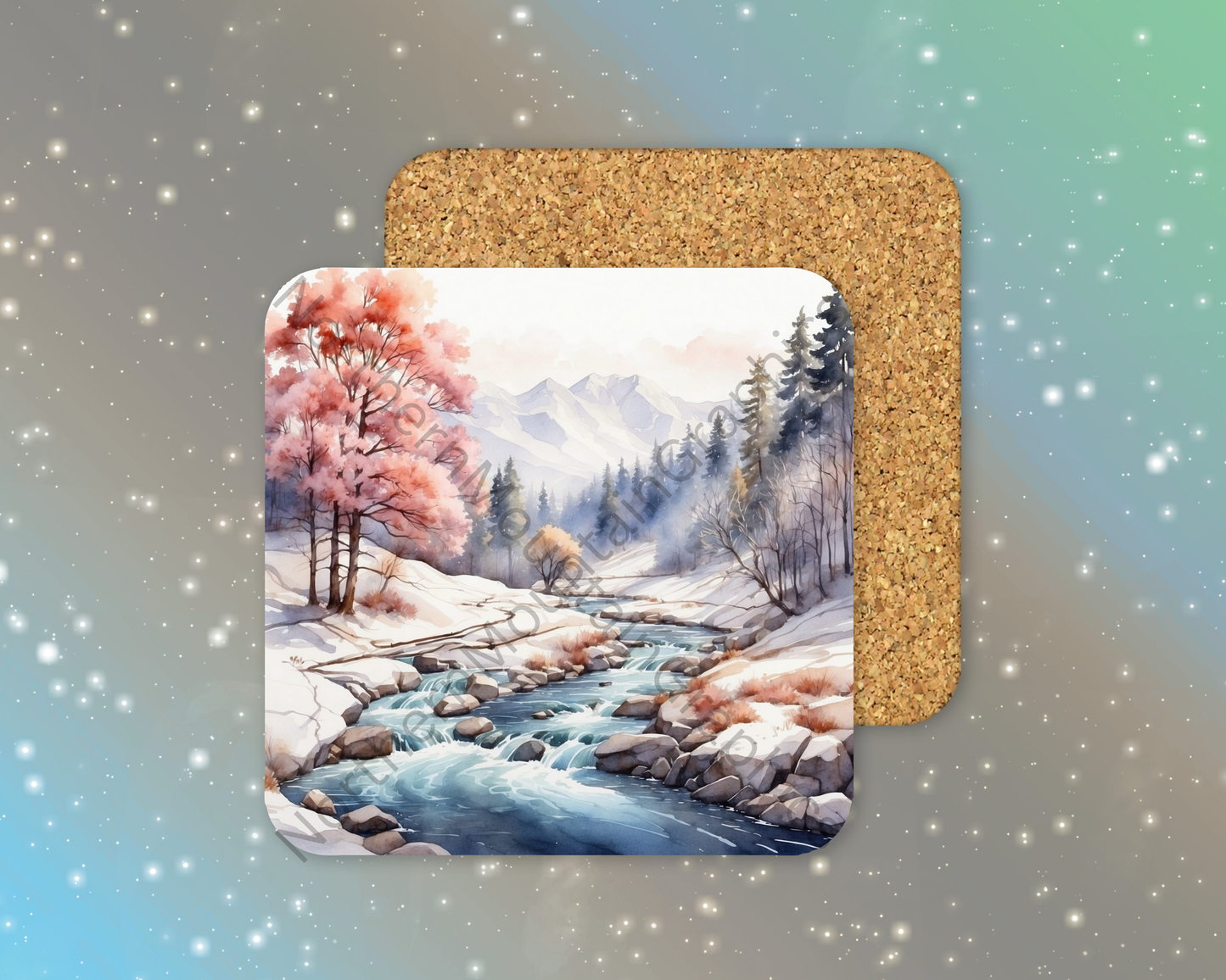 Winter River With Pink Trees Winter Square Coaster