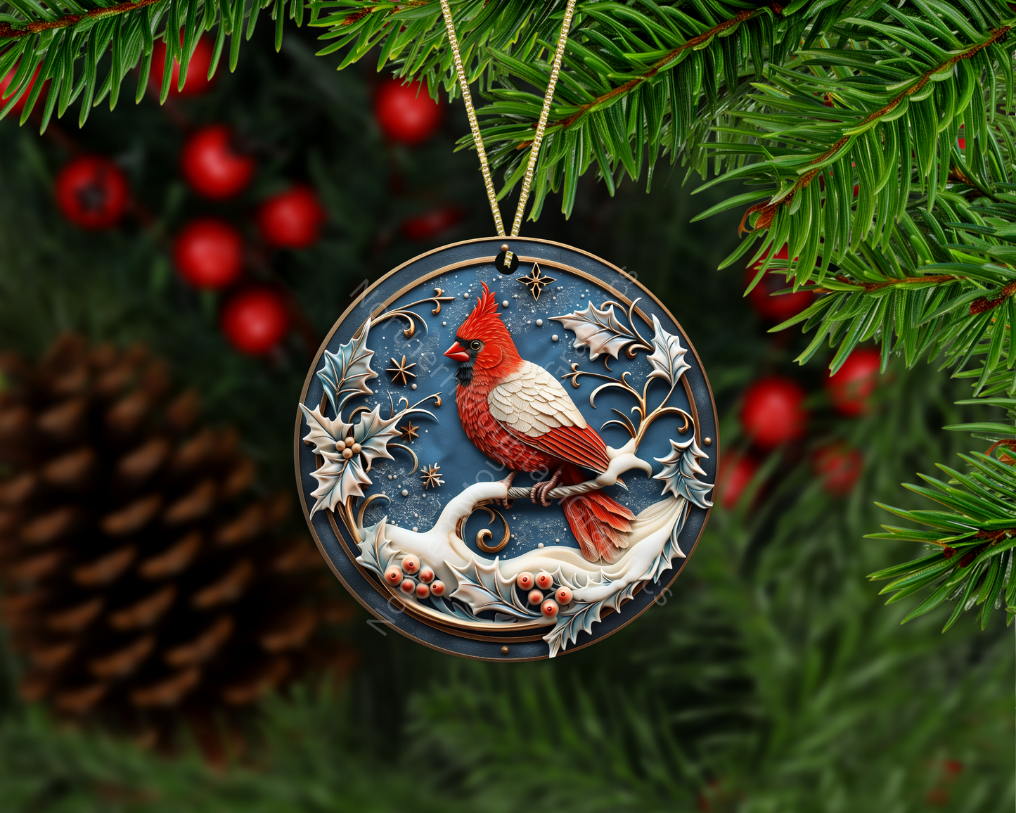 Frosted Cardinal Perch Christmas Ornament