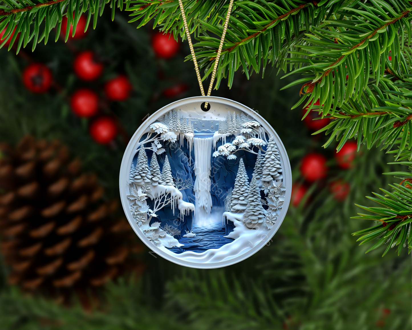 Winter Waterfall Enchanted Forest Christmas Ornament
