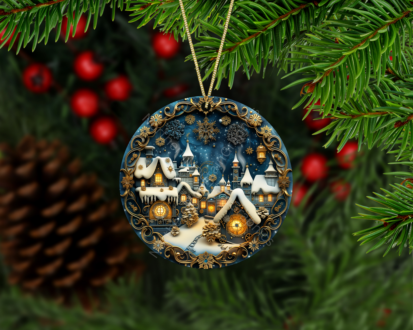 Golden Winter Village Nightscape Christmas Ornament