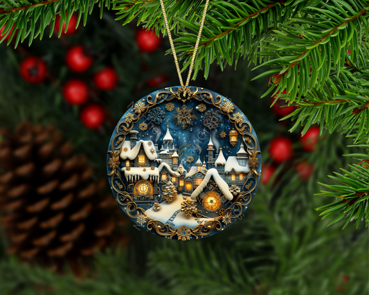 Golden Winter Village Nightscape Christmas Ornament