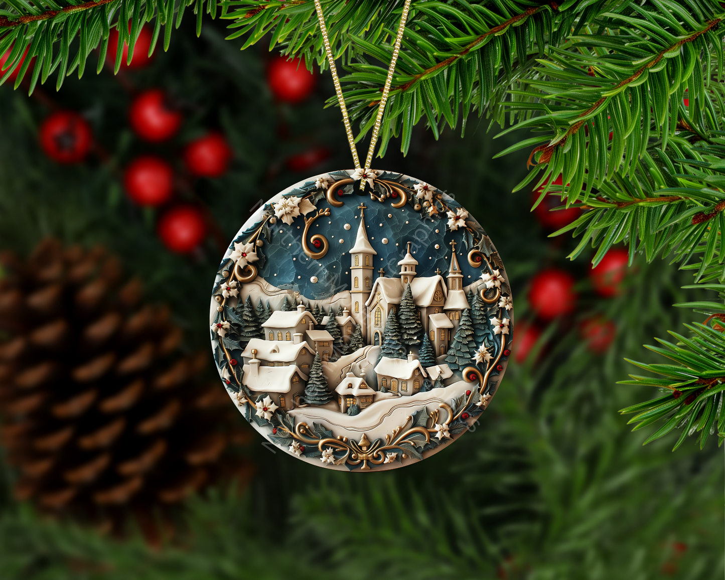 Snowy Church Village Christmas Ornament