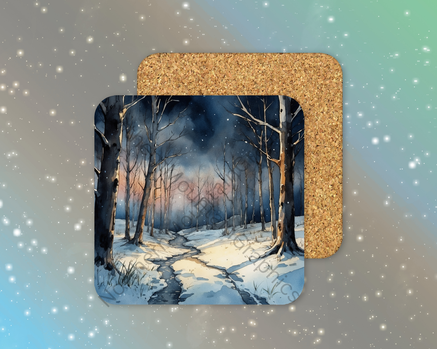 Winter Night Stream Winter Square Coaster