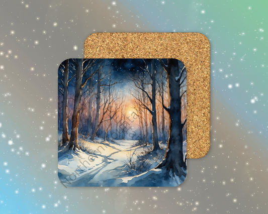 Moonlit Snowy Forest Winter Square Coaster