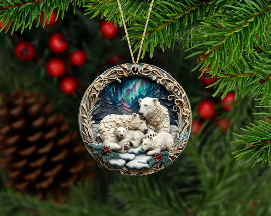 Polar Bear Family Under Northern Lights Christmas Ornament