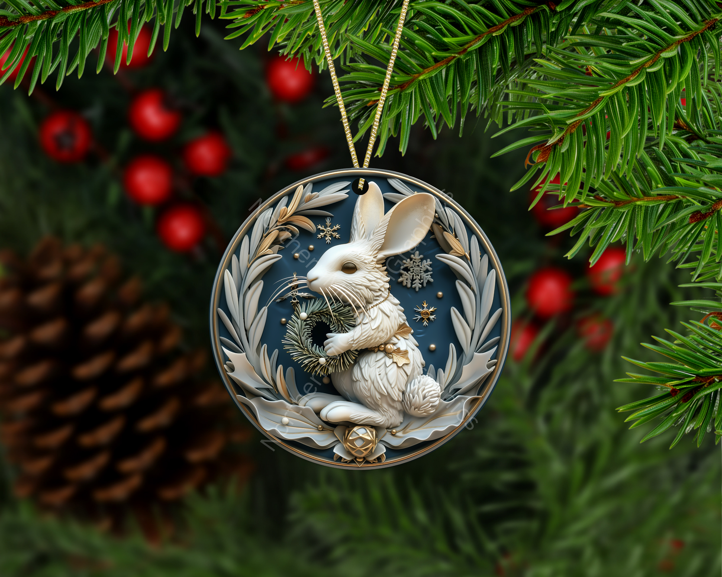 Winter Bunny With Wreath Christmas Ornament
