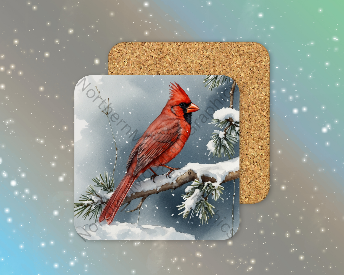 Northern Cardinal in Winter Pines Winter Square Coaster