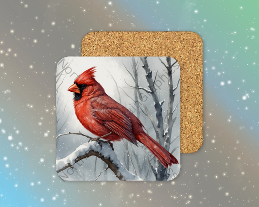 Red Cardinal on Frosted Branch Winter Square Coaster