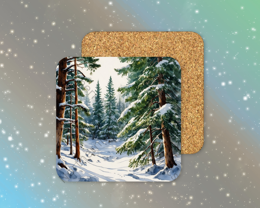 Evergreen Pines in Snowfall Winter Square Coaster
